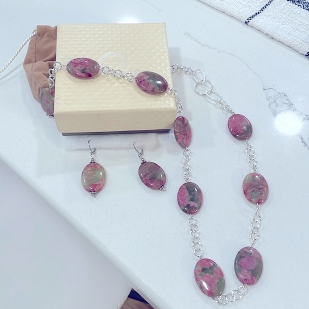 NIB QVC Rhodochrosite and Silver Sterling Necklace and Earrings